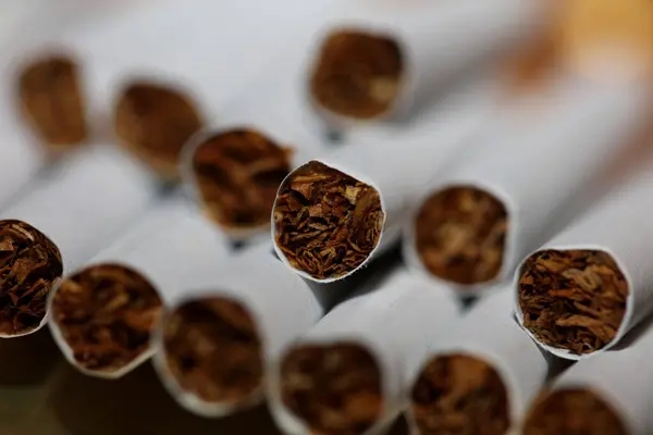Viele Zigaretten Bunten Hintergrund Nahaufnahme Einer Rolle Tabak Papier Mit — Stockfoto