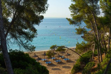 Illetes, Mallorca, Spain. July 20, 2022 - View of Comtesa cove between pines before the people arrives to the sand