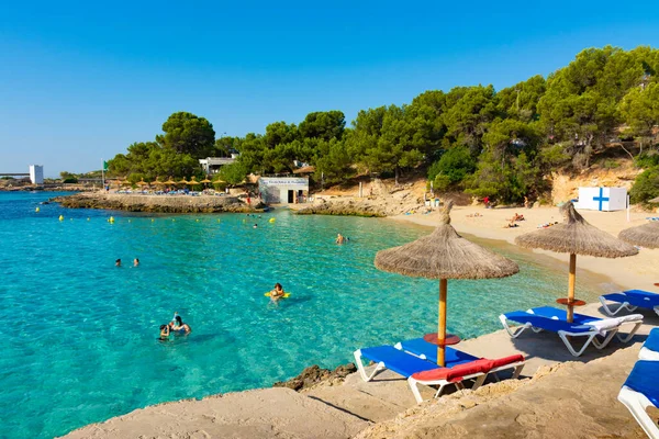 Cala Comtesa cove, Ses Illetes, Majorca, Balearic Islands, Spain. July 20th, 2022 - Bar terrace with umbrellas at a pinewood next to the sand. Translation: Balearic school of canoeing