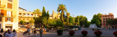 Palma, Mallorca, Balear Adaları, İspanya. 21 Temmuz 2022 - Plaza de la Reina 'nın Panoraması, ya da Kraliçe Meydanı, arka planda Palma Katedrali, bahçelerin arkasında ve sokak hayatı