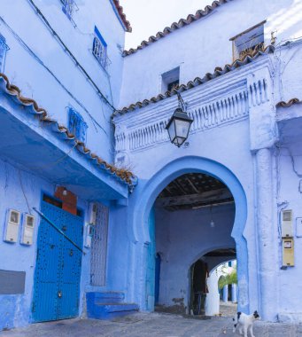 Arap tarzında, yarı dairesel kemerli bir girişi olan bina, Fas 'ın Chefchaouen şehrindeki mavi boyalı caddede.