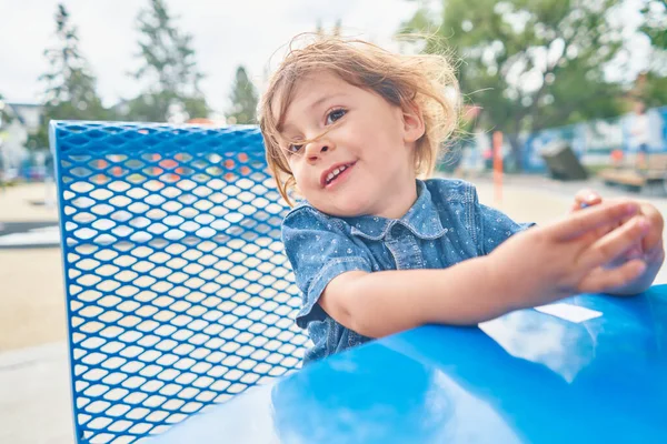 Little Toddler Sitting Table Park Summer Day Imágenes De Stock Sin Royalties Gratis