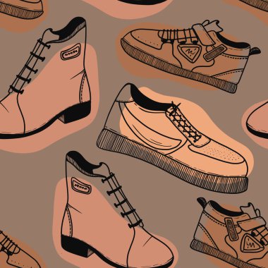 Ayakkabı izi. Farklı tipte düz ayakkabı seti. Ayakkabılarla hazır. Kusursuz bir baba..