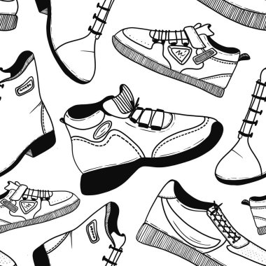 Ayakkabı izi. Farklı tipte düz ayakkabı seti. Ayakkabılarla hazır. Kusursuz bir baba..