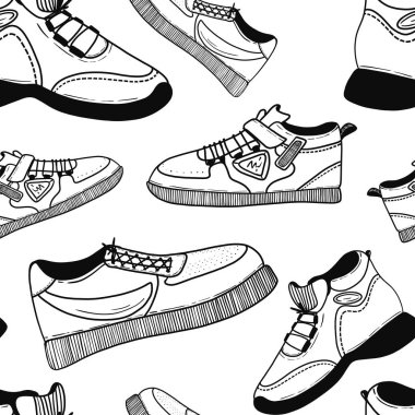 Ayakkabı izi. Farklı tipte düz ayakkabı seti. Ayakkabılarla hazır. Kusursuz bir baba..