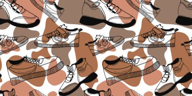 Ayakkabı izi. Farklı tipte düz ayakkabı seti. Ayakkabılarla hazır. Kusursuz bir baba..