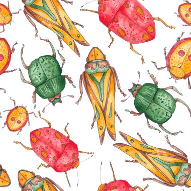 Suluboya böcekleriyle kusursuz desen. El çizimi suluboya böcek seti