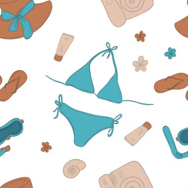 Harika bir yaz dönemi. Yazlık şirin elementler: mayo, güneş gözlüğü, içki, şapka, denizyıldızı, dondurma, palet ve maske, Çizgi film illüstrasyonu