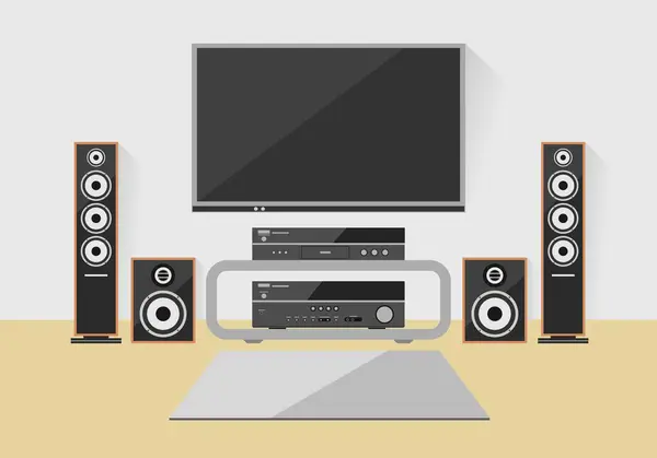 Hoparlörlü ve televizyonlu ev sinema sistemi. Düz tasarım vektör çizimi.
