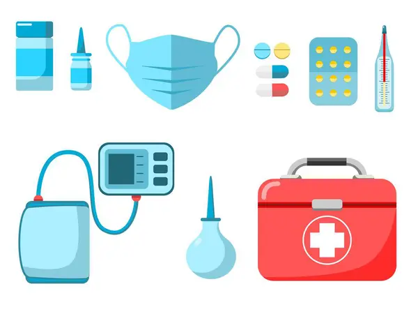 Bir takım tıbbi ikonlar. Web tasarımı için tıbbi simgelerin düz çizimi