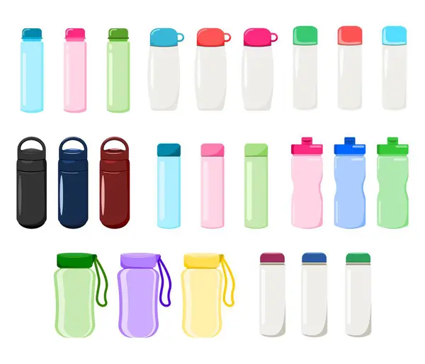 Beyaz arka planda su şişeleri. Düz biçimli vektör illüstrasyonu.