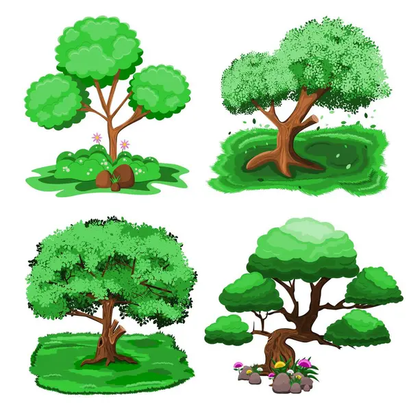 Beyaz arka planda bir grup ağaç. Çizgi film tarzında vektör illüstrasyonu.