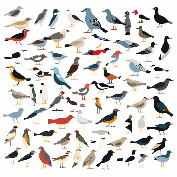Aves Coloridas Conjunto Ilustração Vetorial Isolado Branco — Vetor de Stock