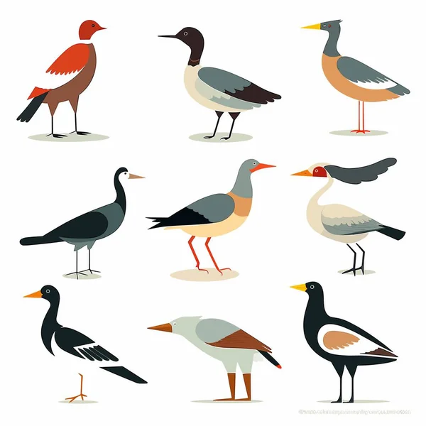 Bunte Vögel Setzen Vektorillustration Isoliert Auf Weiß — Stockvektor
