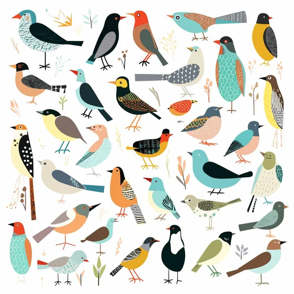Барвистий Набір Птахів Векторні Ілюстрації Ізольовані Білому — стоковий вектор
