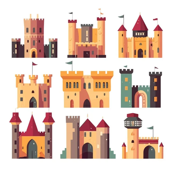 Castelo Conjunto Vetor Ilustração Isolado Branco —  Vetores de Stock