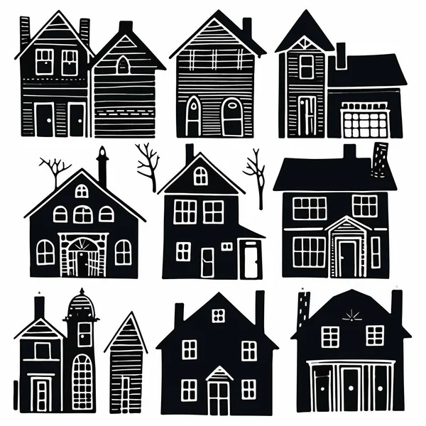 Houses Black White Set Vector Illustration Isolated White — Stock Vector