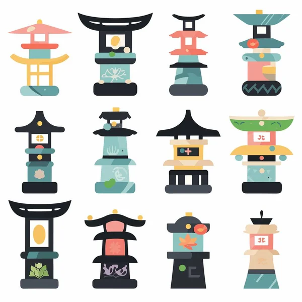 日本の神社セットベクトル図白に隔離 — ストックベクタ