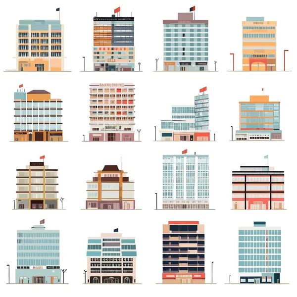 Office Building Set Vector Illustration Isolated White — Stock Vector