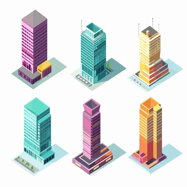 Rascacielos Isométricos Conjunto Vector Ilustración Aislado — Vector de stock