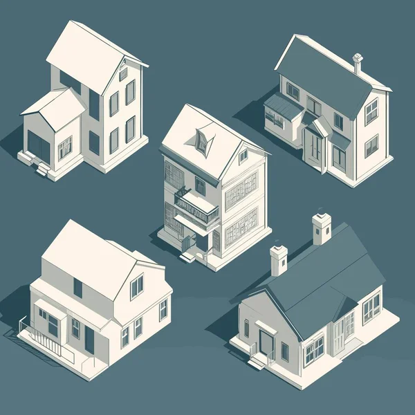 Maisons Isométriques Ensemble Vectoriel Illustration Isolé — Image vectorielle