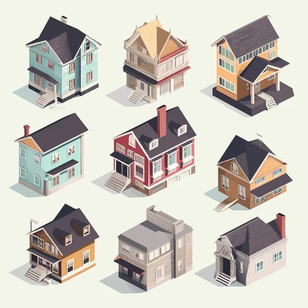 Houses Isometric Set Vector Illustration Isolated — Stock Vector