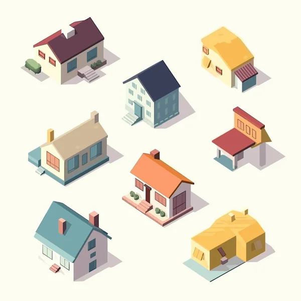 Casas Conjunto Isométrico Vetor Ilustração Isolado —  Vetores de Stock