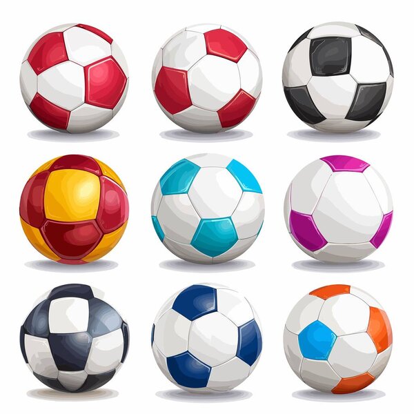 Набор футбольных мячей на белом фоне
