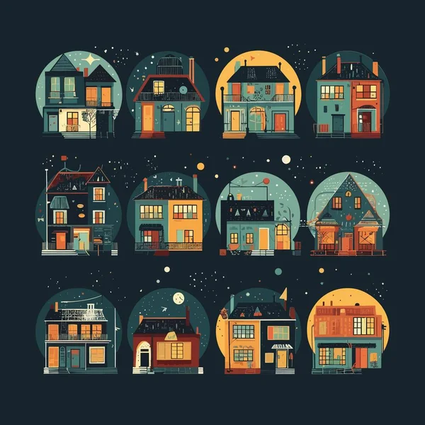 Set Vector Houses Night Isolated Blue Background — Stock Vector