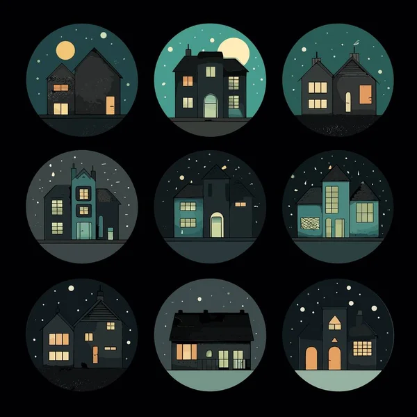 Set Vector Houses Night Isolated Black Background — Stock Vector