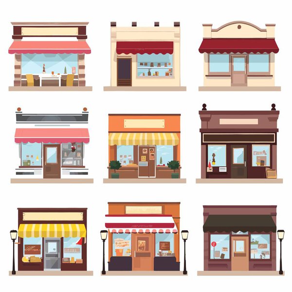 Set of vector shop buildings isolated on white background