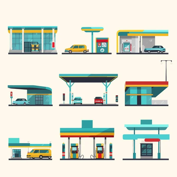 Zbiór Ilustracji Wektorów Stacji Benzynowej Izolowanych Białym — Wektor stockowy