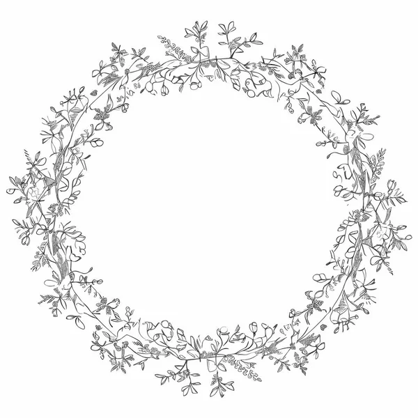 Kulatý Rám Květin Minimalistický Styl Botanických Prvků Vektorová Ilustrace Černá — Stockový vektor