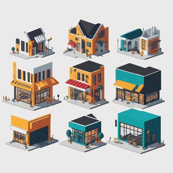 Set Colorful Shop Buildings Isometric — Stock Vector