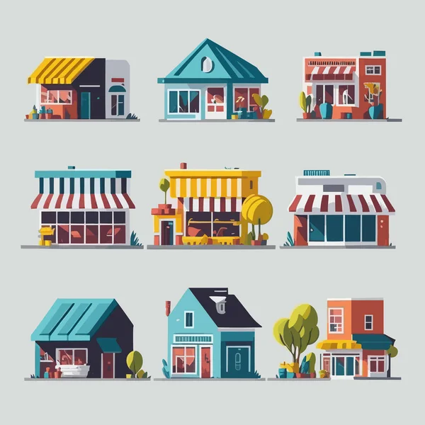 Set Colorful Shop Buildings Vector Isolated — Stock Vector