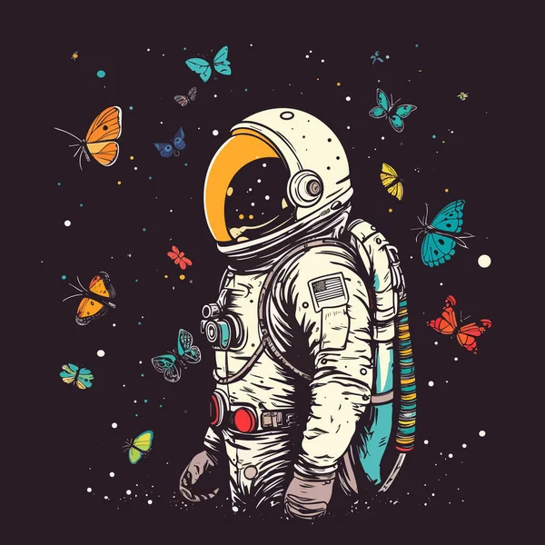 带彩色蝴蝶矢量图解的宇航员 — 图库矢量图片