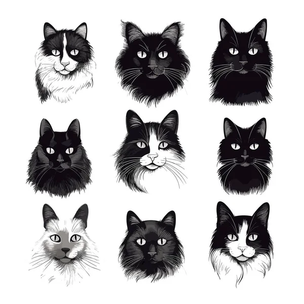 Коллекция Различных Видов Кошек Черно Белого Цвета — стоковый вектор