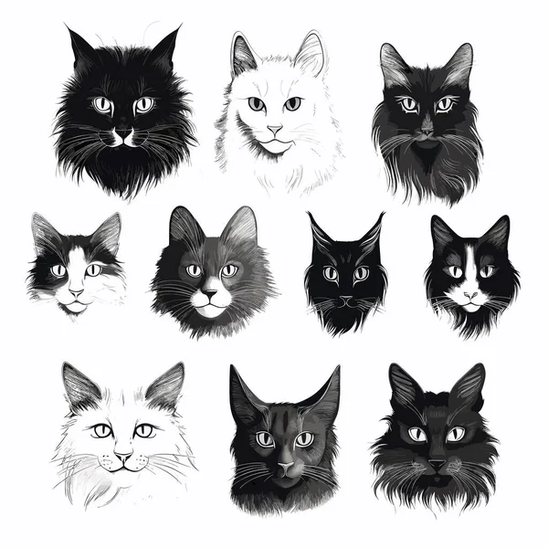 Colección Diferentes Tipos Gatos Blanco Negro — Vector de stock