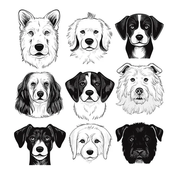 Verzameling Van Verschillende Soorten Honden Zwart Wit — Stockvector