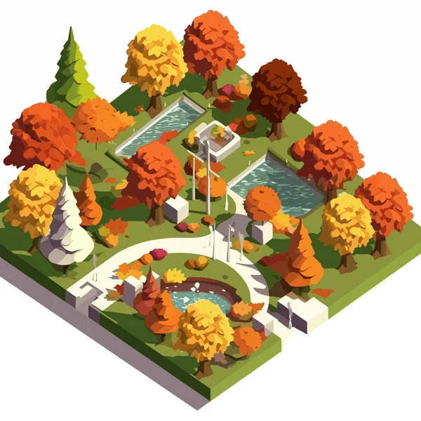Векторная Изометрическая Иллюстрация Осеннего Парка Белом — стоковый вектор