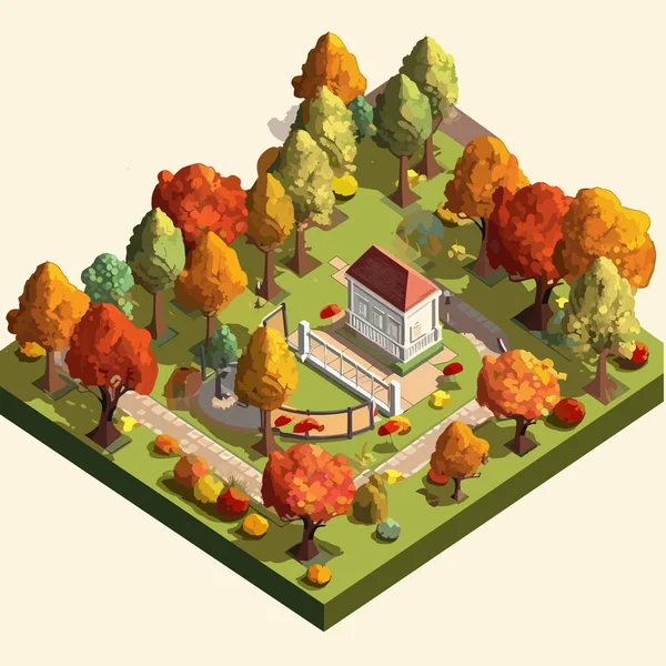 Векторная Изометрическая Иллюстрация Осеннего Парка Белом — стоковый вектор