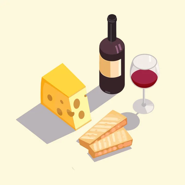 Wein Und Käse Isometrisch Isoliert Auf Weiß — Stockvektor