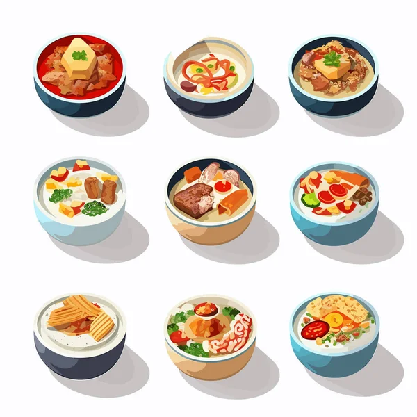 Food Bowls Set Vector Isometric Isolated White — Stock Vector