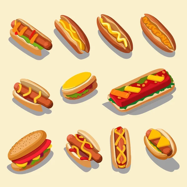Hot Dogs Collectie Isometrische Geïsoleerd Wit — Stockvector
