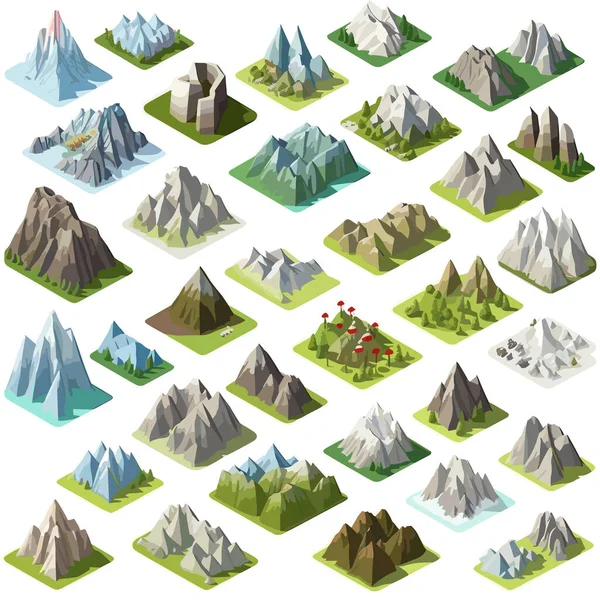 Montañas Azulejos Colección Isométrica Aislada Blanco — Vector de stock