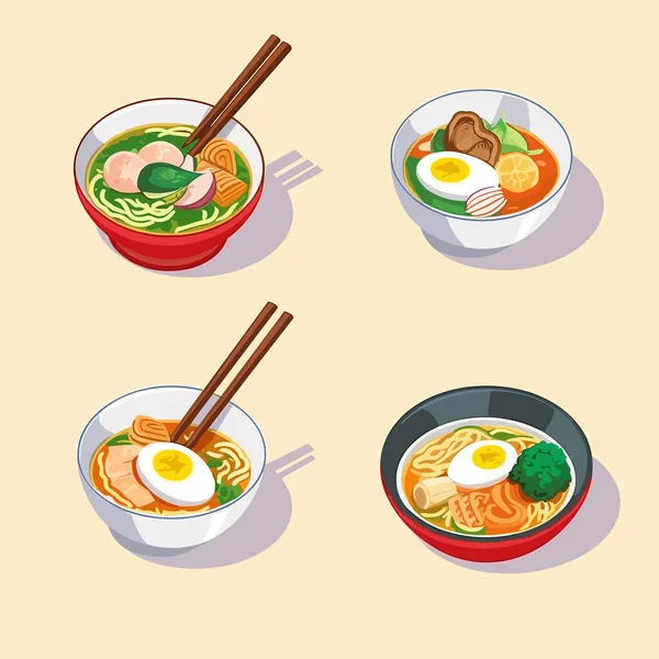 Ramen Collection Isometric Isolated White — Stock Vector