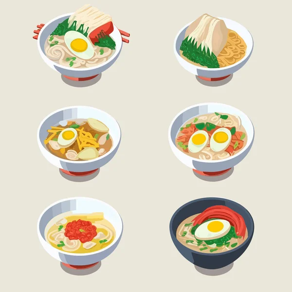 Ramen Collection Isometric Isolated White — Stock Vector