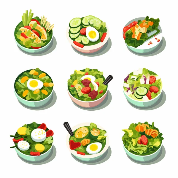 Collection Salades Isométriques Isolées Sur Blanc — Image vectorielle
