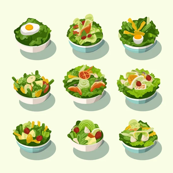 Collection Salades Isométriques Isolées Sur Blanc — Image vectorielle