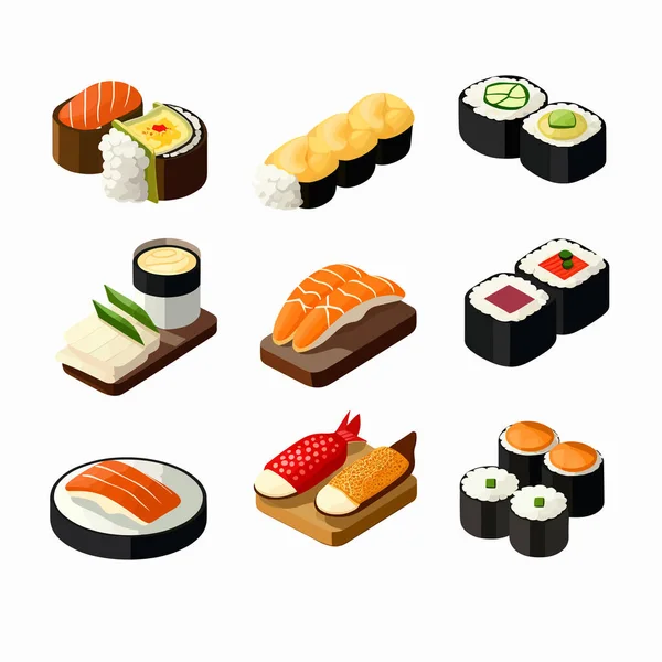 Coleção Sushi Isométrica Isolada Branco — Vetor de Stock